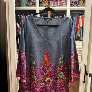 Calessa Gray and Blue Embellished Boxy Tunic